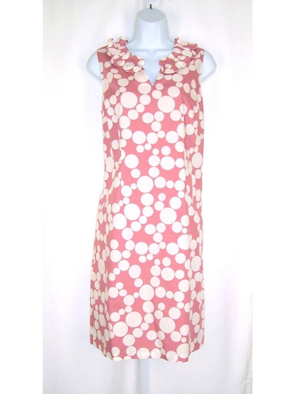Talbots Pink Mauve Polka Dot Shift Dress 4 Ruffle Knee Length Sleeveless Vneck